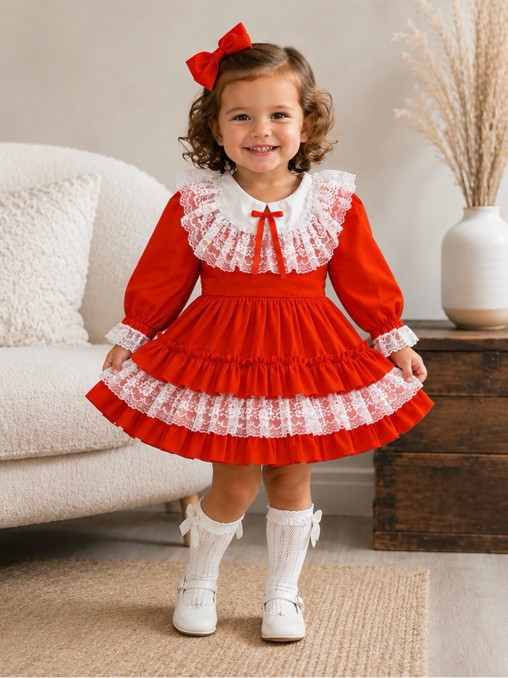 Red Lace-Trim Formal Girls' Dress with White Collar